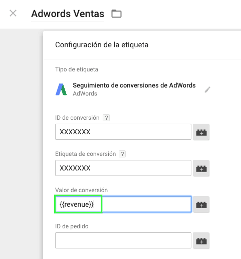 Etiqueta Adwords en Tag Manager