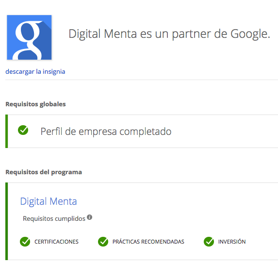 Perfil de Google Partners de Digital Menta