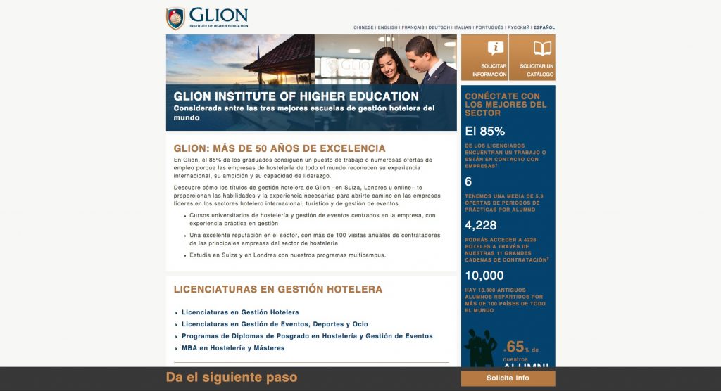 Glion Institute of Higher Education- Micrositio como uno de los tipos de Landing Page