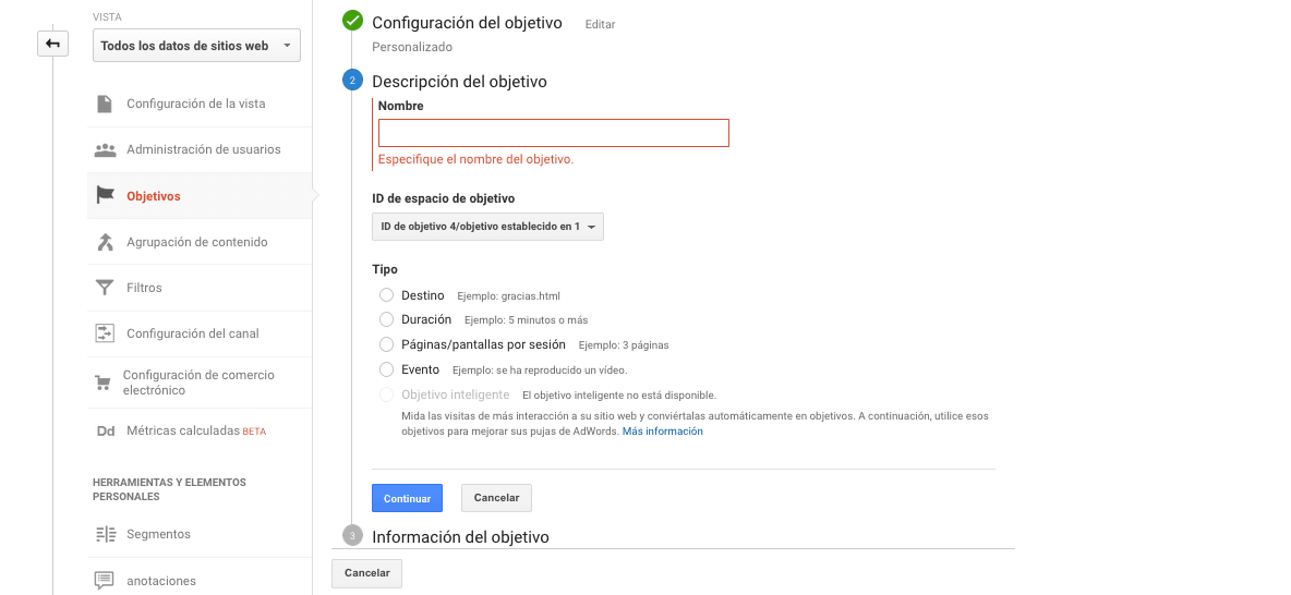 objetivos en google analytics