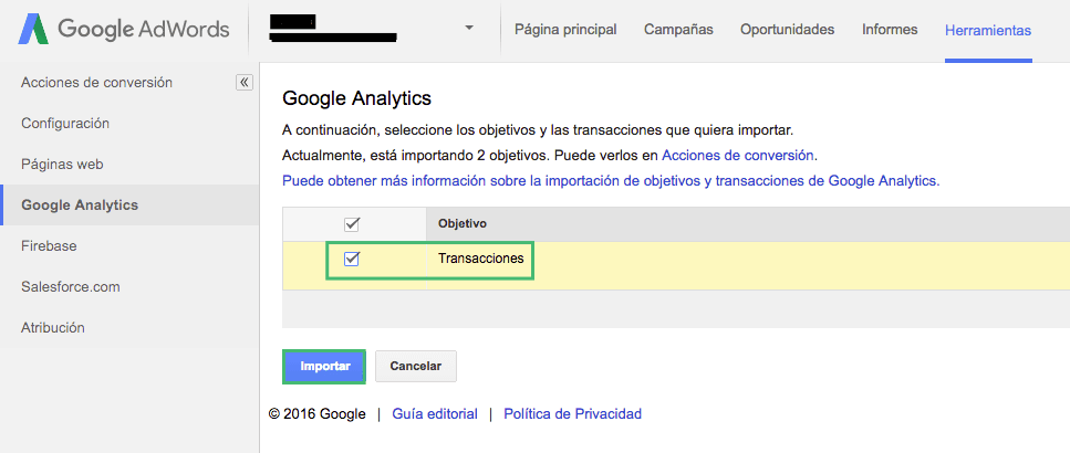 Importar Transacciones a Adwords