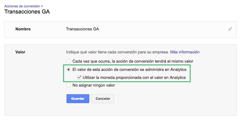 Transacción de Analytics en Adwords