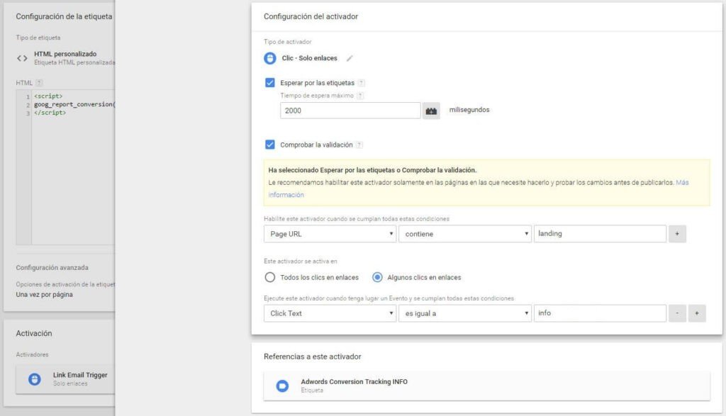 Etiqueta de con la llamada a la función goog_report_conversion y con el Activador del clic.