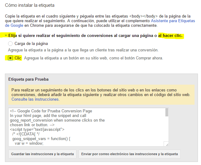 Creando la acción de conversión de clic en Adwords