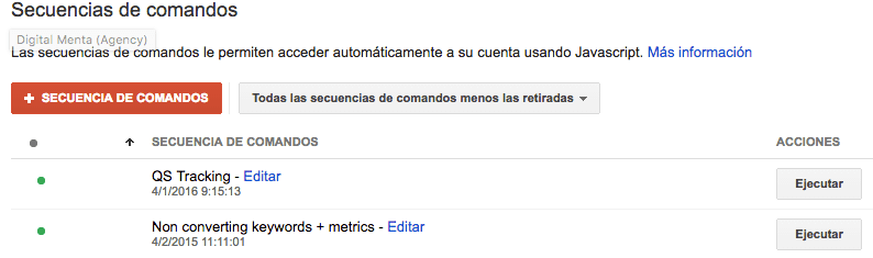 Crear o Ejecutrar AdWords Script