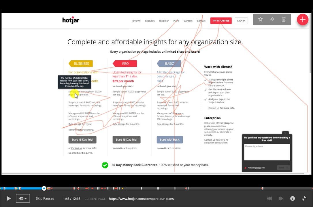 Ejemplo de una grabación (recording) en Hotjar