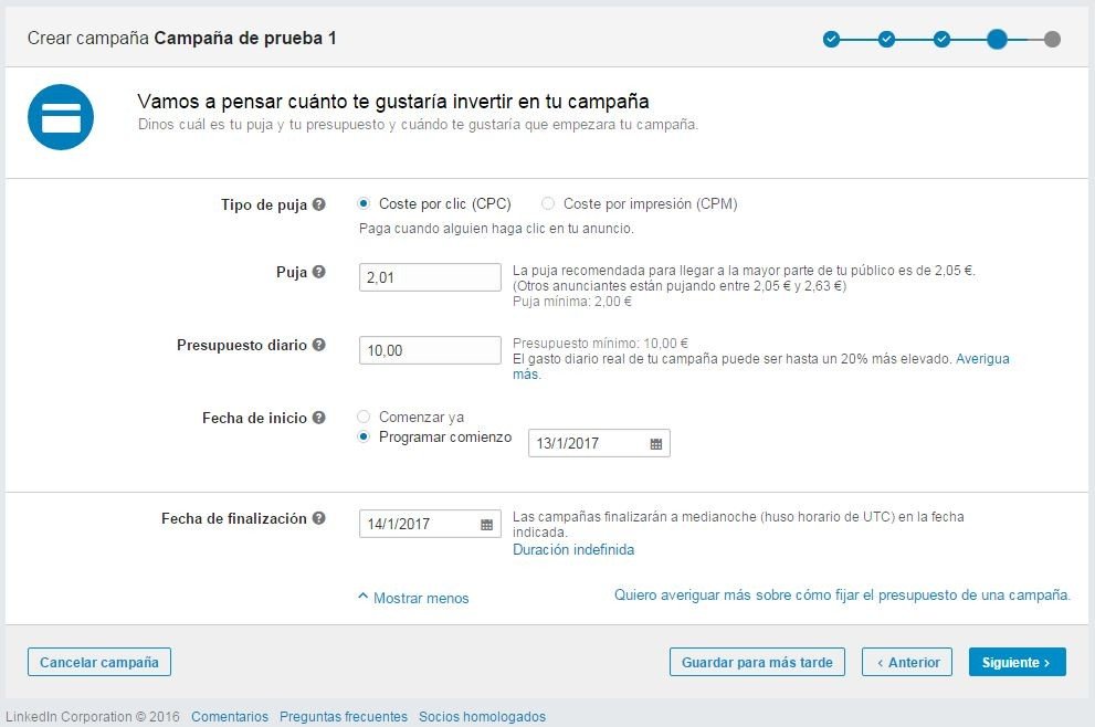 Paso 6: Elige cómo vas a pujar por tu publicidad en LinkedIn