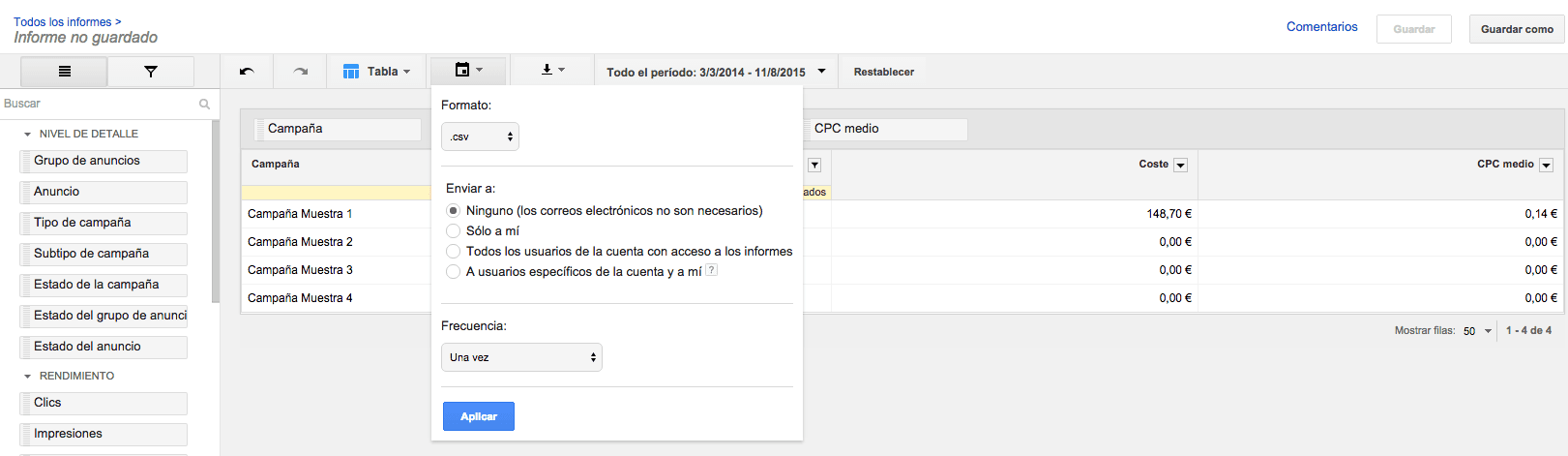 Descarga en el Editor de Informes de Adwords