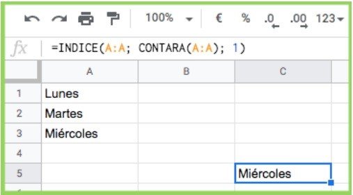 Combinación función INDICE y CONTARA