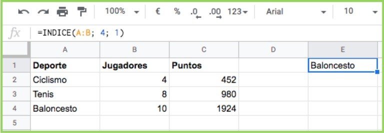 Función INDICE de Google Sheets