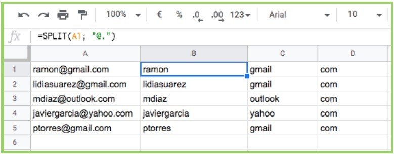 Función SPLIT de Google Sheets