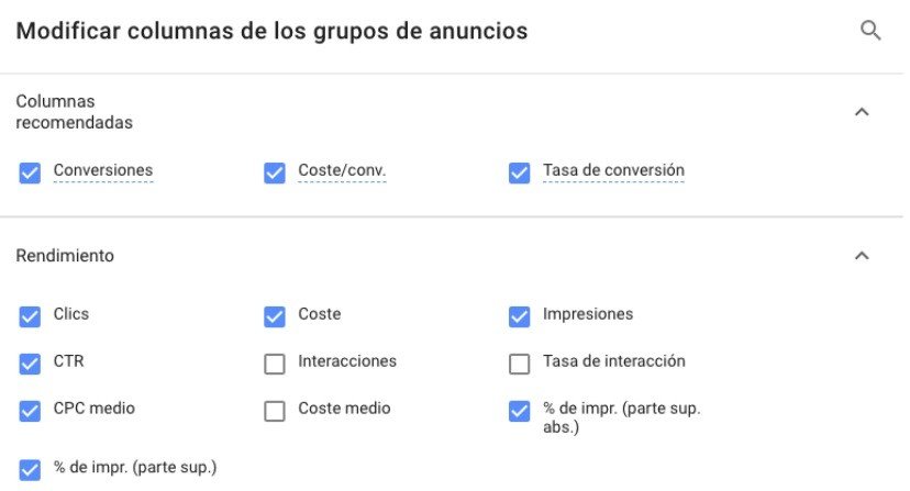 Modificar columnas de los grupos de anuncios