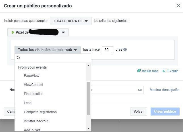 públicos personalizados de eventos en facebook ads