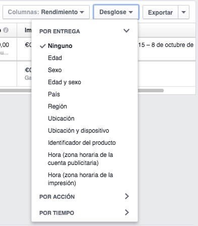 Desgloses disponibles en  Públicos en Facebook Ads 