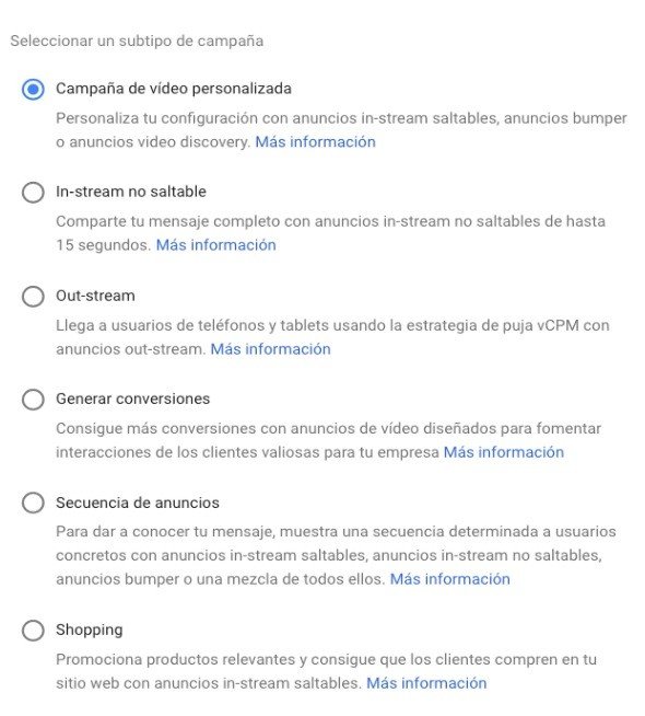 Tipos de subcampañas de Google Ads