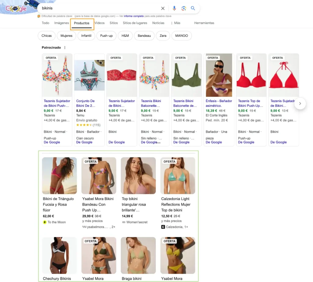 google shopping orgánico en los resultados de la pestaña de productos